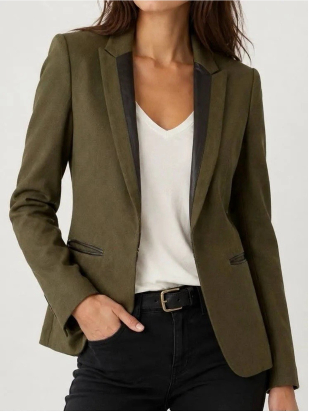Rag & Bone Olive Green Wool Blazer Lamb Leather Trim Jacket Tailored Size 8